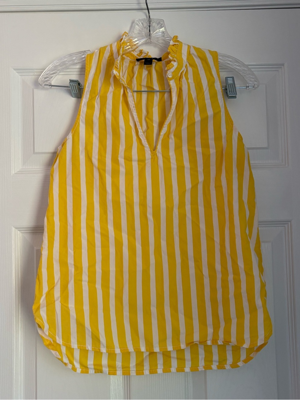J. Crew Yellow and White Striped Sleeveless Ruffle-Neck Shell